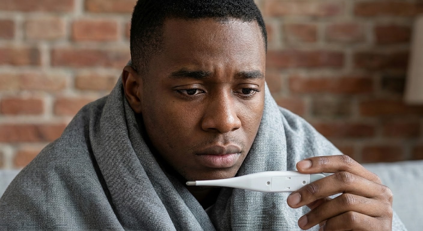 Patient checking temperature with a high fever reading